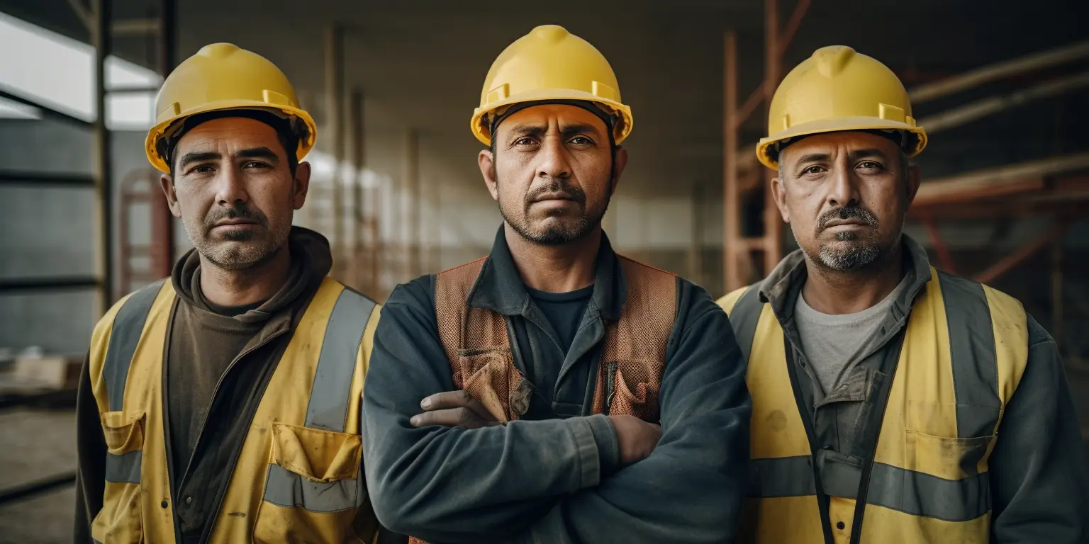 Três trabalhadores da construção civil com braços cruzados, olhando confiantes